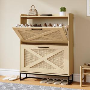 Shoe Cabinet with 2 Flip Drawers On Clearance - Shoe Organizer for entryway with Metal Legs - Narrow Storage Cabinet for Shoe Storage,Rustic Oak Rattan Wood Grain