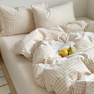 Gingham Comforter Set Twin Size - 2 Pieces Beige White Gingham Comforter Bedding Sets Checkered Pattern,Twin Bed in a Bag with Plaid Comforter and 1 Pillowcase