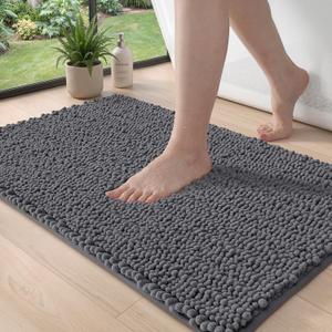 DEXI Bathroom Rugs 24x16, Super Soft Thick Chenille Absorbent Bath Mat, Non Slip Machine Washable Fluffy Shag Bathmat for Sink, Tub, Shower Floor, Grey