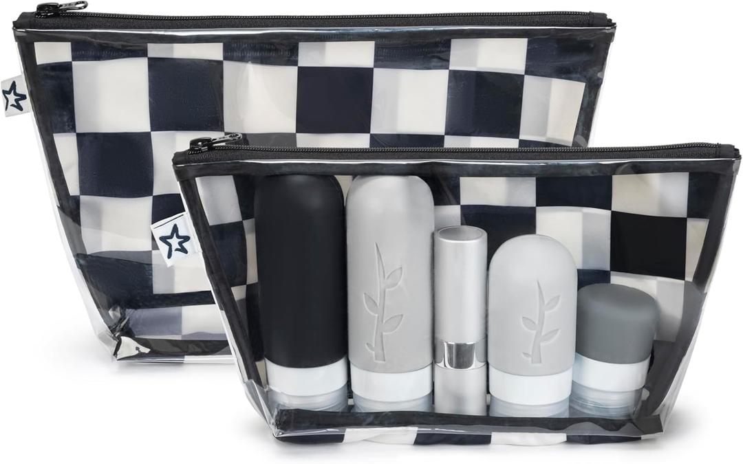Tiny Twinkle Diaper Bag Organizing Pouches | 2 Pack Mess-Proof Travel Organizer Bags with Structured Bottom & Clear Front | TSA Approved Toiletry Bag Set for Baby and Mom Essentials (Black Checkers)