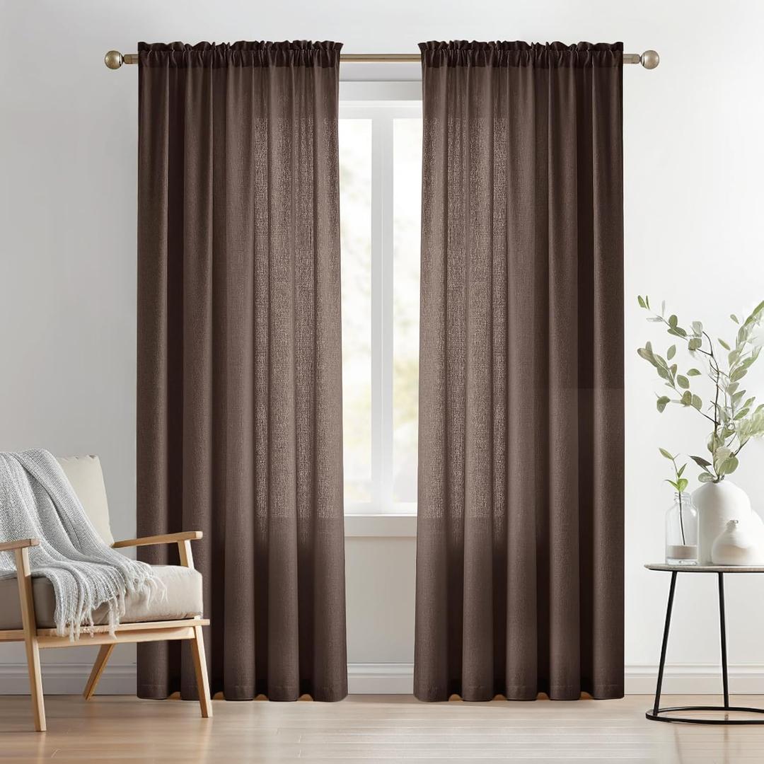 Melodieux Brown Semi Sheer Curtains 84 Inches Long for Living Room Bedroom, Farmhouse Linen Look Shiny Sheer Curtain Drapes Rod Pocket Light Filtering Home Office, 52" W x 84" L, 2 Panels