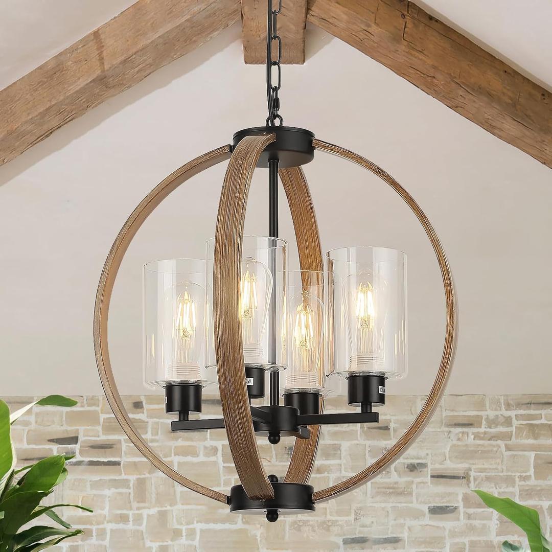Farmhouse Chandelier Light Fixture, 18in Rustic Dining Room Chandeliers with Glass Shade 4-Light Globe Lighting Fixtures Retro Pendant Lamp for Kitchen Island Entrance Living Room (Globe/17.7in, Black+Faux Wood)