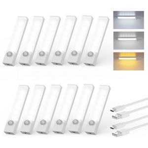 Under Cabinet Lighting 4 Inches Rechargeable Motion Sensor Light Indoor, 3 Color Dimmable Closet Light Battery Operated, USB Stick on LED Magnetic Under Counter Lights for Kitchen Stair,12 Packs