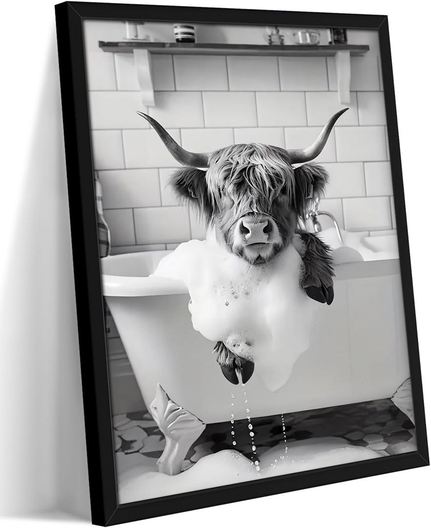 Funny Highland Cow Bathroom Wall Art, Black and White Animal Canvas Wall Decor Painting, Modern Rustic Farmhouse Cow in Bathtub Artwork Prints Pictures for Restroom Bathroom 16x24 Inch Black Framed