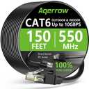 Aqerrow Cat6 Ethernet Cable 150FT, Outdoor Direct Burial Cat 6 Cable 24AWG High Speed Up to 10Gbps, 550MHz LLDPE (PE) UV-Resistant Waterproof RJ45 Network Internet Cable with 60 Ties for Router, Black