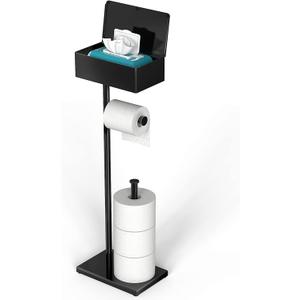 CISILY Black Toilet Paper Holder Stand with Storage Shelf, Free Standing Toilet Paper Roll Holders, Bathroom Toliet Tissue Holder Accessories Essentials (With Wipe Box)
