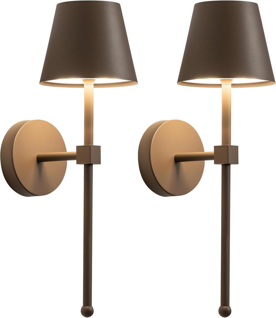 KDG Cordless Wall Sconces Set of 2, Wireless 5200mAh Rechargeable Battery LED Wall Lamps, Wall Lightings for Wall Painting, Outdoor, Garden, Living Room, Bedside, Hallway, Gifts, Night Light (Brown) ((Small) L4.5  H13  D6.5 inch)