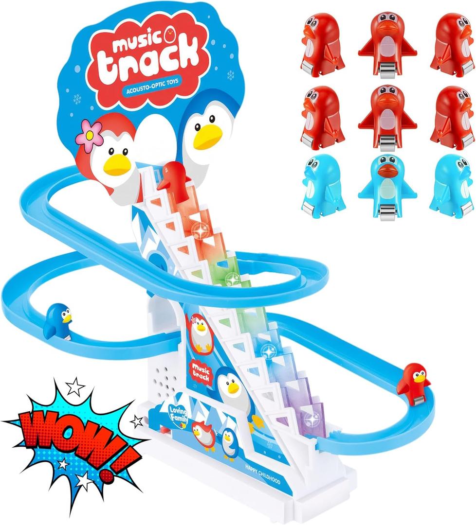 QUENTRO Penguin Slide Toy Set  Stair Climbing Roller Coaster with Sliding Tracks, 9 Racing Penguins & 3-Speed Switch  Lights, Music & Quiet Mode  Educational Playset for Kids & Toddlers