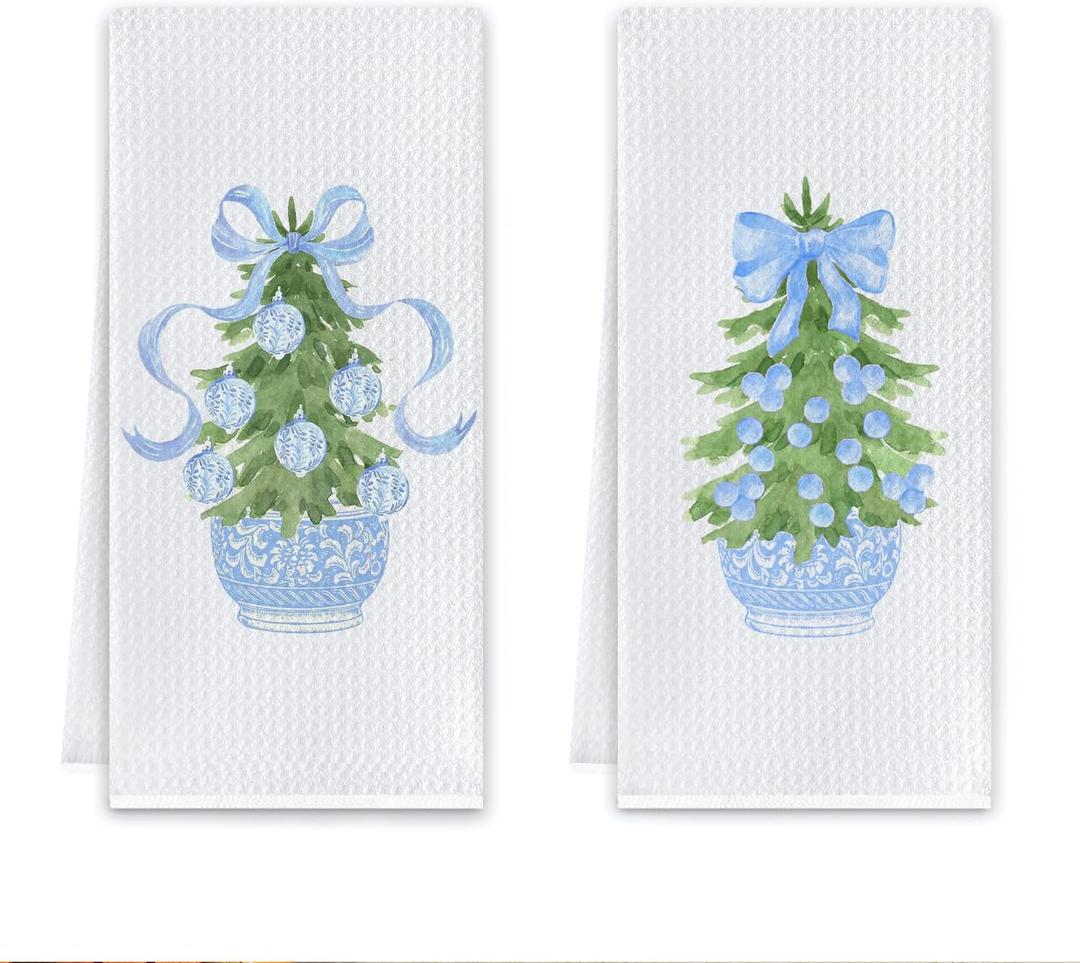 Blue Chinoiserie Christmas Tree Kitchen Towels, Preppy Coquette Bow Christmas Dish Tea Towels for Kitchen, Grandmillennial Xmas Tree Decorative Hand Towel for Bathroom, 16x24 Inch Set of 2