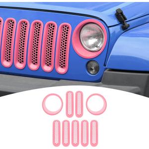 PDKLIN for Jeep JK Front Grille Inserts & Headlight Cover Trim Ring for Jeep Wrangler JK JKU 2007-2017 Pink Exterior Accessories 9pcs