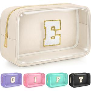 Initial Clear Makeup Bag, Birthday Gift Preppy Chenille Patch Cosmetic Bag, Initial Travel Essentials Beach Toiletry Pouch, Ideal Gift for Teachers & Moms, Women and Girls (Beige, E)