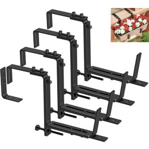 Y&M 4 Pcs Deck Railing Adjustable Planter Box Brackets (6 to 12.5 in), Universal Window Box Brackets, Heavy Duty Iron Flower Box Wall Mounting Hooks for Balcony, Fences, Patio, and Garden - Black