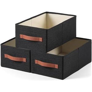 linen closet organizers and storage, 3 Pack Large Storage Baskets, Washable, Clothing Storage Bins with Handle, Closet Organizer for Storage Sweater,Sheets (Black, 16"x9½"x6¾")
