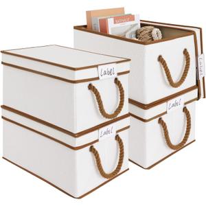 LoforHoney Home Fabric Storage Bins with Lids for Organizing, Foldable Closet Storage Boxes for Shelves, Clothes Baskets with Cotton Rope Handles, Large, Beige & Brown, 4-Pack