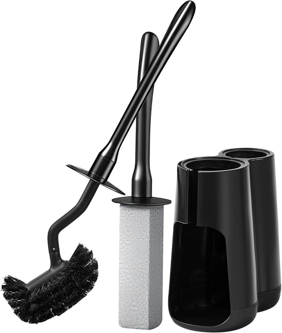 Toilet Brush and Holder Set with Pumice Stone  Long Handle Toilet Bowl Brush, Anti-Splash Scrubber, Ventilated Drip-Free Base, Deep Cleaner for Hard Water Stains, Limescale, Toilet Rings (Black)