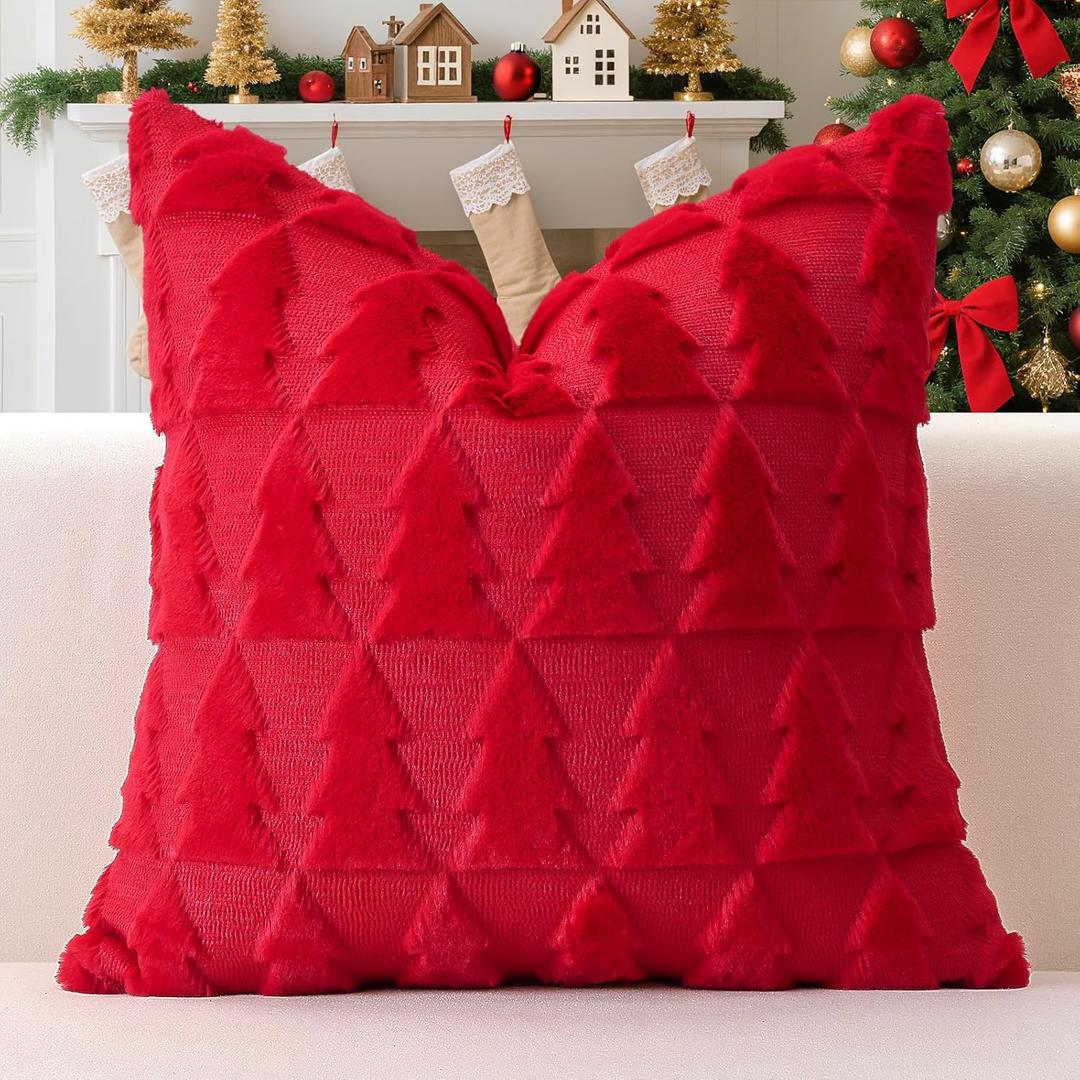 OTOSTAR Set of 1 Xmas Soft Plush Short Wool Velvet Decorative Throw Pillow Covers Square Luxury Style Cushion Case Pillow Shell for Sofa Bedroom Christmas Tree Red, 14x14 Inch