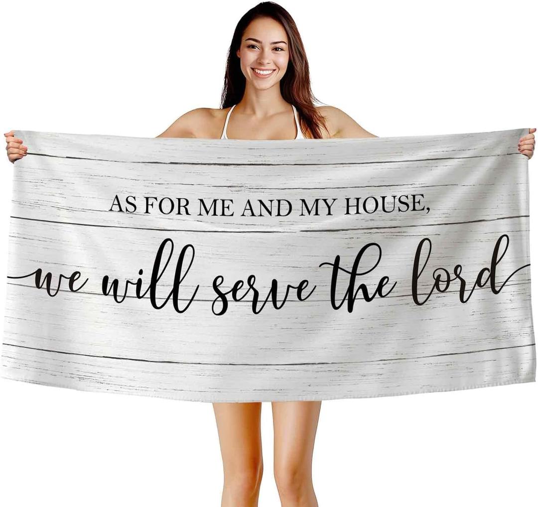 Christian Jesus Beach Towel, Scripture Bible Verse As for Me and My House We Will Serve The Lord Bath Towels for Bathroom Swimming Pool, Rustic Microfiber Beach Towels Oversized Decor 30x60in
