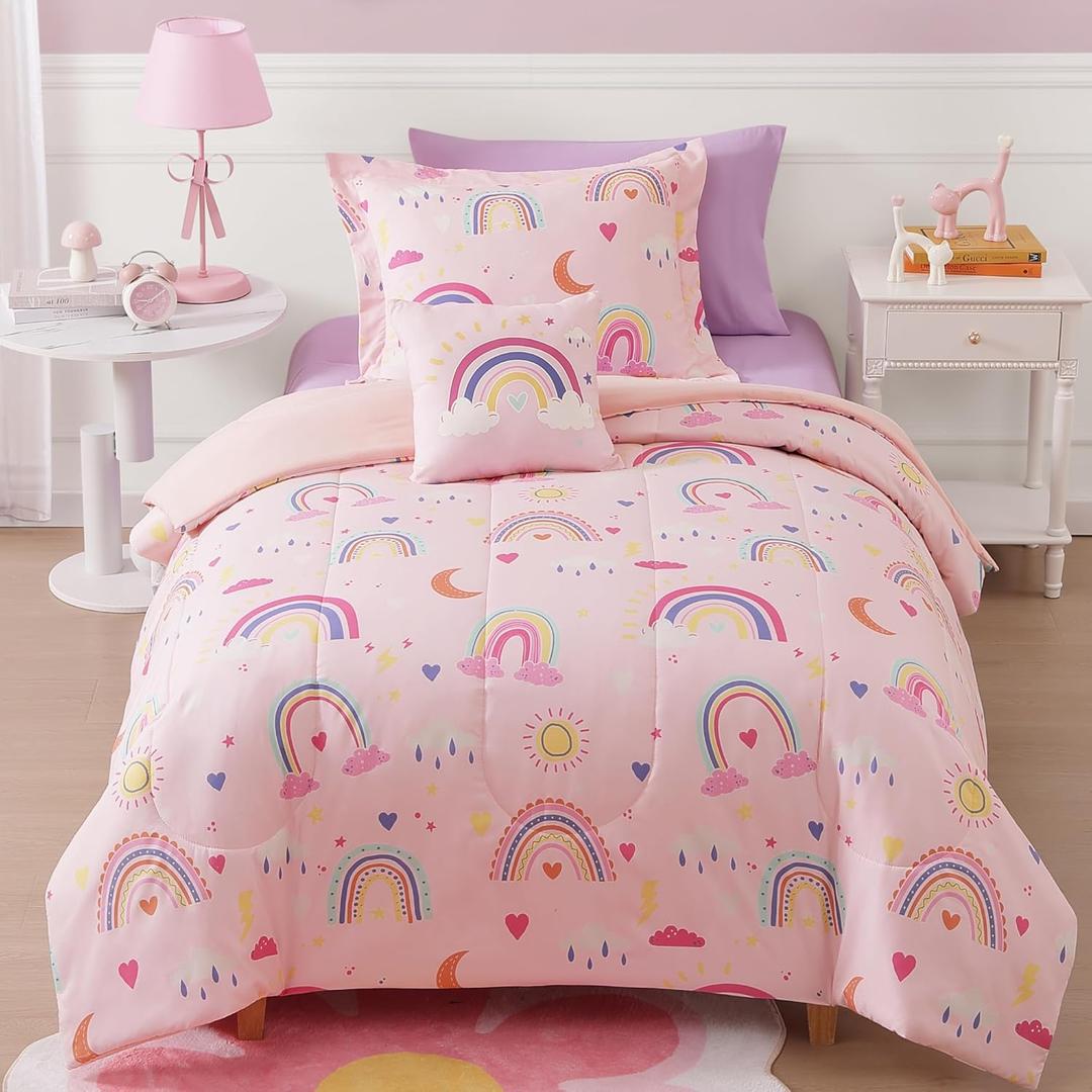 Glow in The Dark Twin Size Comforter Set for Girls, Pink Rainbow Bedding Set for Kids 1 Comforter, 1 Decor Pillow, 1 Pillow Sham