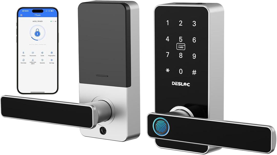 DESLOC B200L Fingerprint Smart Lock with Handle, Keyless Entry Door Locks for Front Door and Bedrooms, App Control, Touchscreen Keypad, Auto-Lock, 12-Month Battery, Emergency Power Port, IP54 Silver (152*63.5*30mm)