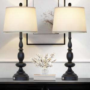 29" Black Modern Table Lamps Set of 2, Industrial Touch Control 3-Way Dimmable Bedside Lamp with USB C+A Ports, Metal Nightstand Lamps for Living Room Bedroom Office Home(2 LED Bulbs Included)