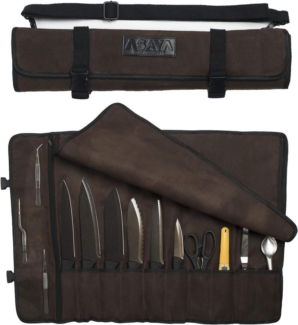 Asaya Canvas Chef Knife Roll Bag - 10 Knife Slots and a Large Zipper Pocket - Durable 10oz Canvas Knife Case with an Adjustable Shoulder Strap - Knives not Included (Brown)