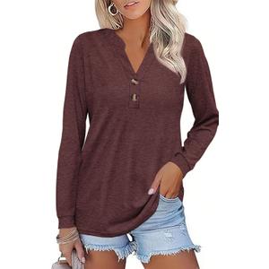 Women Button Down Henley Shirts V Neck Long Sleeve Fashion Dressy Casual Tops Trendy Blouses Loose Fit Tunic (XXL)