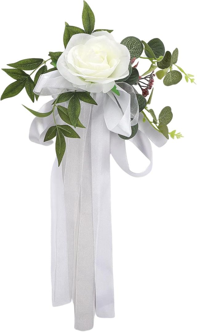 Fofetbfo Set of 10 Wedding Aisle Chair Decorations Silk Rose Chair Back Flowers with Ribbons Chairs Back Pew Flowers Arrangement for Wedding Ceremony Reception Decor (White/10Pcs)