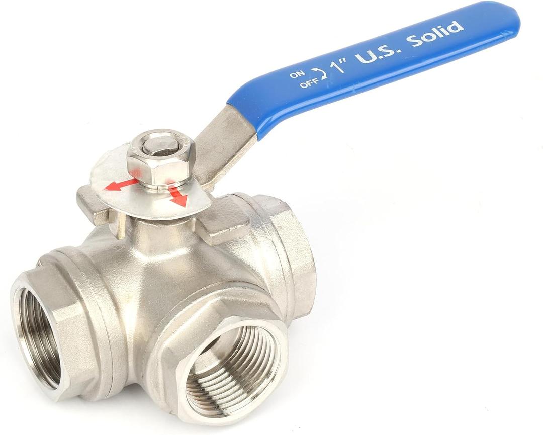 U.S. Solid 1" 3 Way Ball Valve - 304 Stainless Steel NPT Female Threaded Manual Ball Valve, L Mounting Pad
