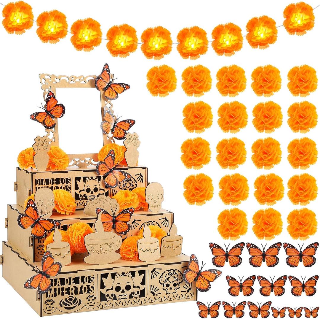 34 Pcs Dia De Los Muertos Decorations Day of the Dead Altar Kit Dia De Los Muertos Altar Ofrenda Shadow Box Wooden Included 6 Inch Marigold Garland with Light Flower Butterfly (Classic)