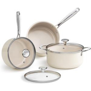 Redchef Stock Pot Set 5Qt, Saucepan 2.5/3.5 Qt, 6Pcs Nonstick Cookware Set
Induction Cooking Pot Set with Lid, Nontoxic PFAS-Free, All Stoves Even Heat, Cool Handle, Oven Dishwasher Safe, Begie White