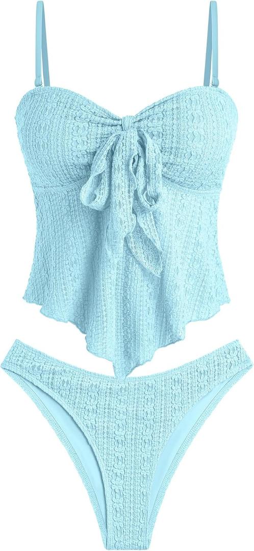 ZAFUL Tankini Swimsuits for Women Tie Front Ruffles Lace Textured High Cut Strapless Two Piece Swimsuit (L, Baby Blue)