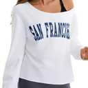 Remidoo Womens Off The Shoulder Tops Letter Graphic Oversized Tshirts Long Sleeve Shirt White Medium (White, M)