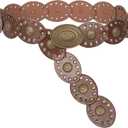 INOGIH Womens Wide Western Cowboy Disc Belt Vintage Cowgirl Concho Leather Belts Boho Style for Jeans Dress Skirt (Brown)