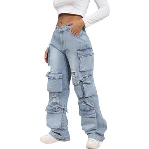 Ryehack Womens Baggy Jeans Y2k Cargo Jeans Casual High Waist Baggy Denim Cargo Pants with Pockets Streetwear (Blue, )