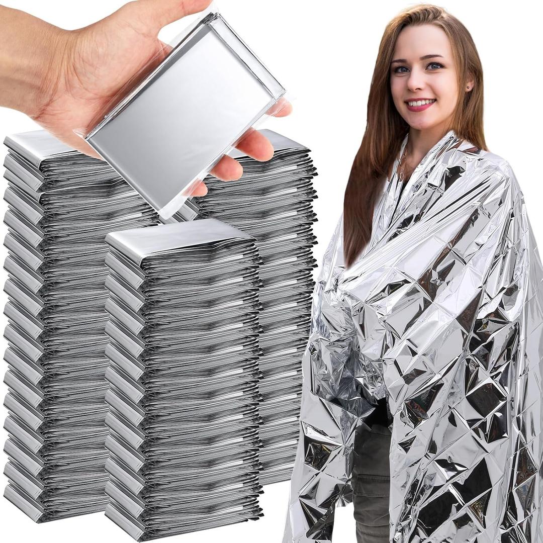 100 Pcs Emergency Blankets for Survival 83 x 55 Emergency Foil Thermal Reflective Space Blanket Bulk Waterproof Individually Wrap Survival for Car Camping Outdoor Homeless(Silver)