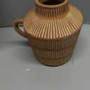 Mowtanco Rustic Farmhouse Vase with Handle and Boho Wooden Beads - Terracotta Vase with Vertical Stripes for Vintage Home Decor