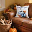 Fall Throw Pillow Cover 16x16 Inch  White Linen Decorative Cushion Cover with Blue Pumpkins and Orange Leaves  Double-Sided Print, Autumn Farmhouse Pillowcase for Couch Sofa Bed