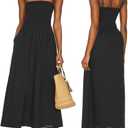 Aigeman Women Detachable Strap Dress Strapless Smocked Bodice Maxi Dress Pockets Long Swing Flowy Beach Sundress 373 (Black, L)