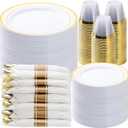 BESTVIP 525PCS Gold Plastic Dinnerware Set for 75 Guests, Disposable Plates for Party, Include: 150 Plastic Plates, 75 Pre Rolled Napkins with Gold Silverware, 75 Cups for Christmas, Halloween