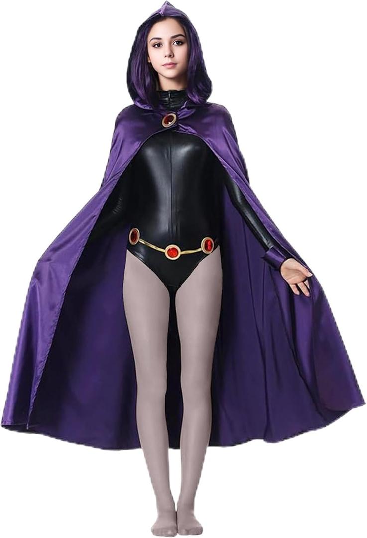 Alaiyaky Raven Costume Women Superhero Raven Teenager Titans Raven Cape Jumpsuit Purple Hood Cloak Halloween Cosplay (Large, Black)