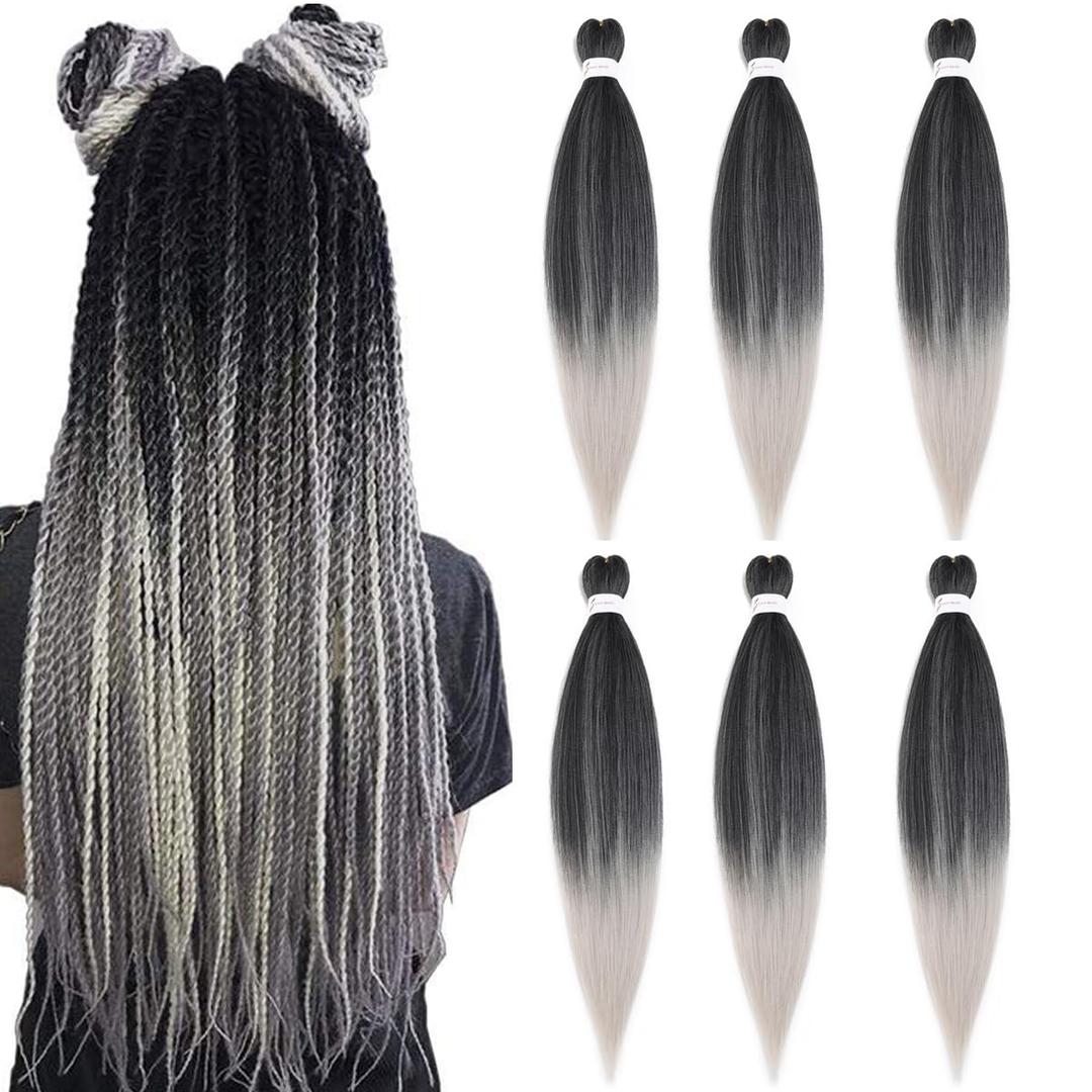 Pre Stretched Braiding Hair 8 Packs 30 inch Long Braiding Hair Prestretched Crochet Braids Hair Professional Yaki Straight Synthetic Hair Extensions(30", 1B/ Gray)