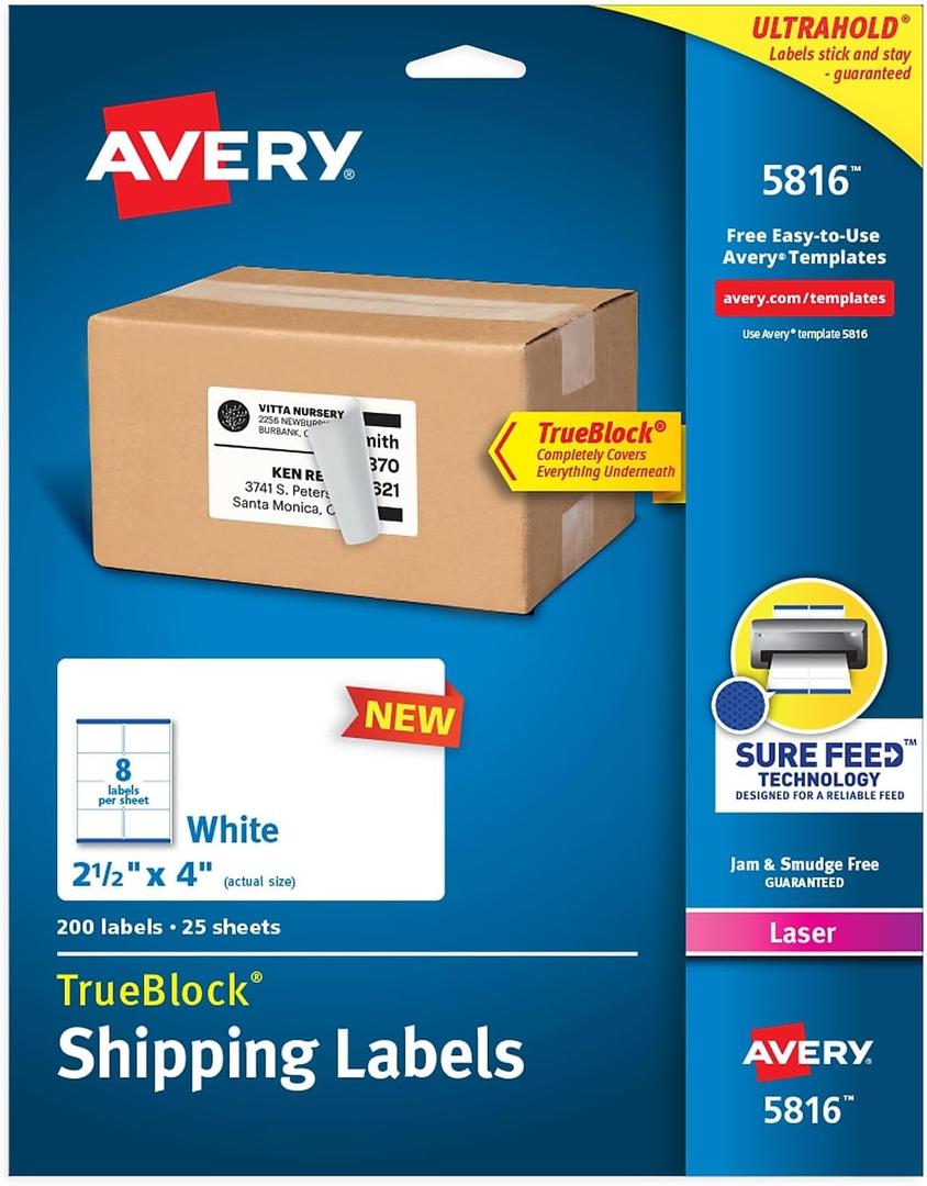 Avery Printable Blank Shipping Labels, 2.5" x 4", White, 200 Labels, Laser Printer, Permanent Adhesive (5816) (One Size)