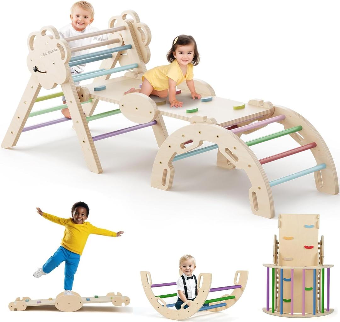 COSYLAND Pikler Triangle Set - 8 in 1 Large Montessori Climbing Toys for Indoor - Wooden Foldable Jungle Gym for Toddler & Baby, CPC/SOR/CE Certified Enjoys Unique Patented Design, Rainbow