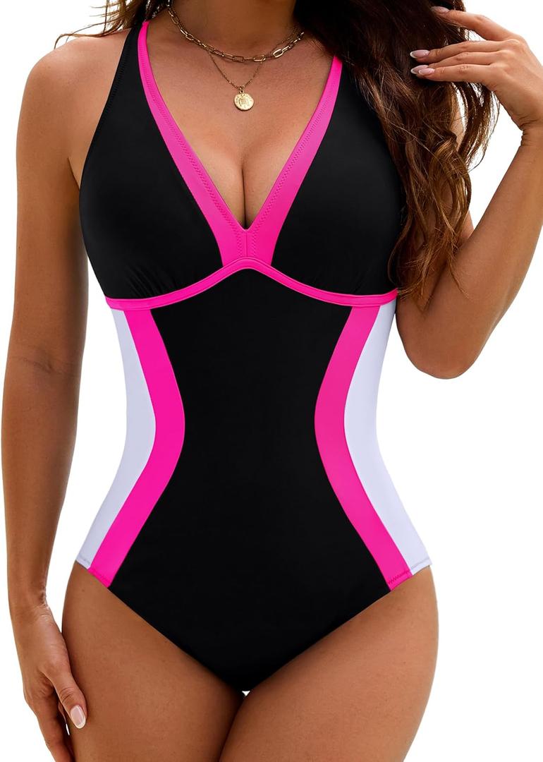 BMJL Womens One Piece Swimsuit Slimming Tummy Control Bathing Suit Color Block Shapewear Swim Suits 2026 (Medium)