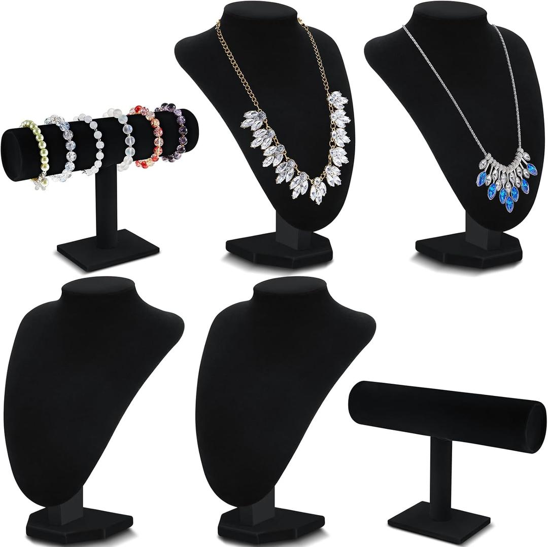 Huquary 6 Pcs Jewelry Display Set Necklace Display Stand T Bar Bracelet Holder Jewelry Bust for Home Store Trade Show (Black)