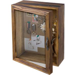 MyGift 11x14 Deep Shadow Box Frame with Cork Board Backing and Acrylic Paneled Cursive Hinged Door, Rustic Burnt Wood Wall Mounted Shadow Box Display Case Cabinet