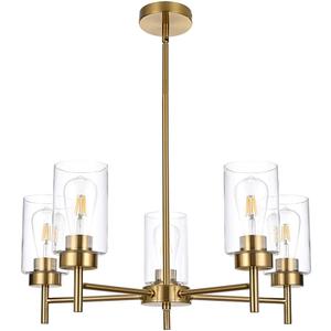 5-Light Farmhouse Chandelier for Dining Room Kitchen Island, Modern Chandeliers Brushed Brass Pendant Lighting Fixtures with Clear Glass Shades for Living Room, Bedroom, Foyer (Gold)