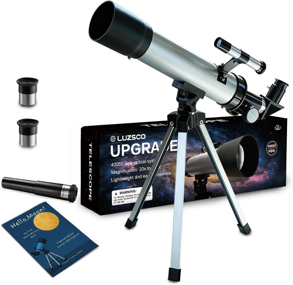 Telescope for Kids 50mm 100x Magnification Beginner Silver Telescopio with Tripod, 2 Eyepieces, Finder Scope Set, STEM Educational Astronomy Chritstmas Gift for Boys & Girls Ages 6-12