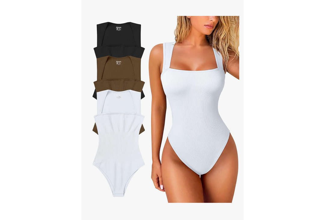 OQQ Women's 3 Piece Bodysuits Sexy Ribbed Strappy Square Neck Sleeveless Tummy Control Tank Tops Bodysuits large