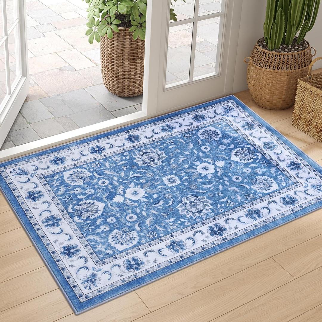 Smiry Floral Area Rug, 2x3 Vintage Print Pattern, Machine Washable Non-Slip Floor Carpet, Low Pile Throw Rugs for Living Room, Bedroom, Dining Room, Laundry Indoor Home Decor, Blue